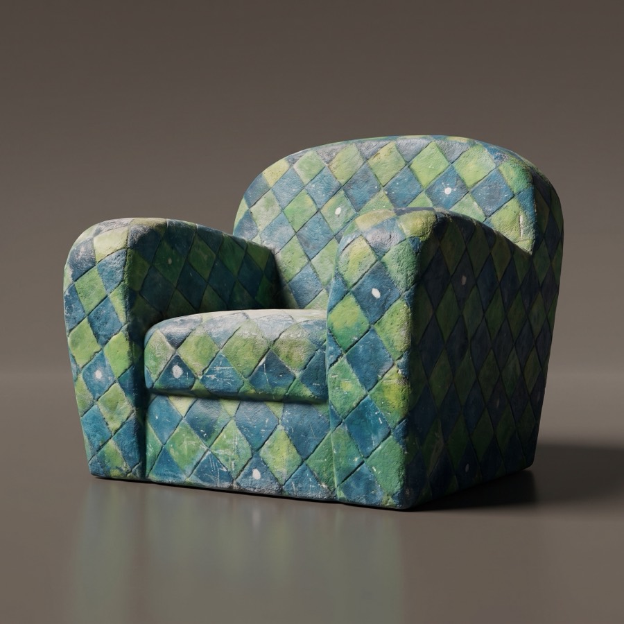 Le même fauteuil vu en légère contre-plongée sur fond de studio sombre