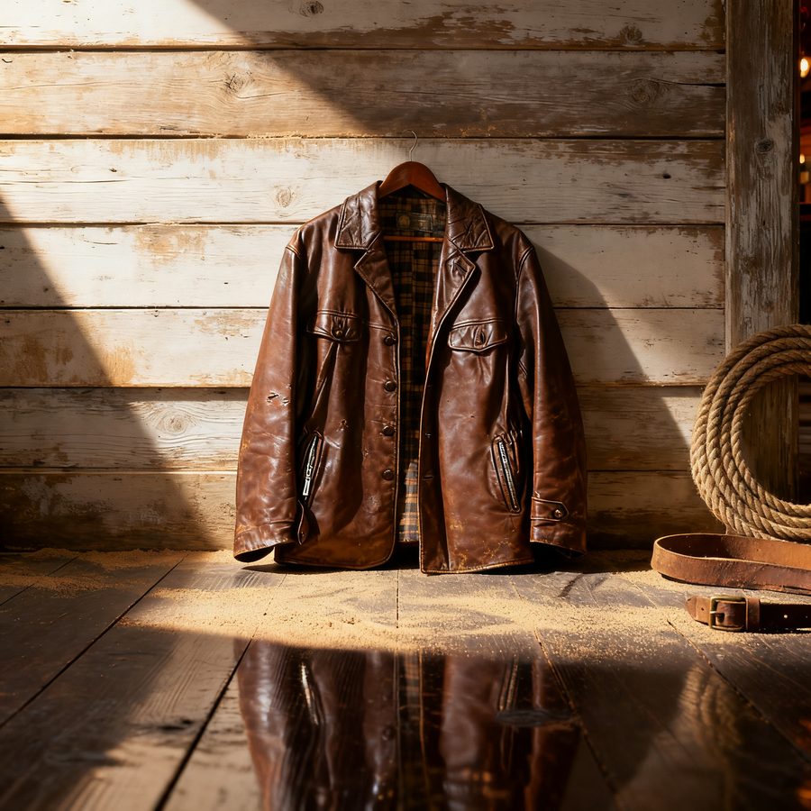Veste en cuir photographiée dans le décor far west